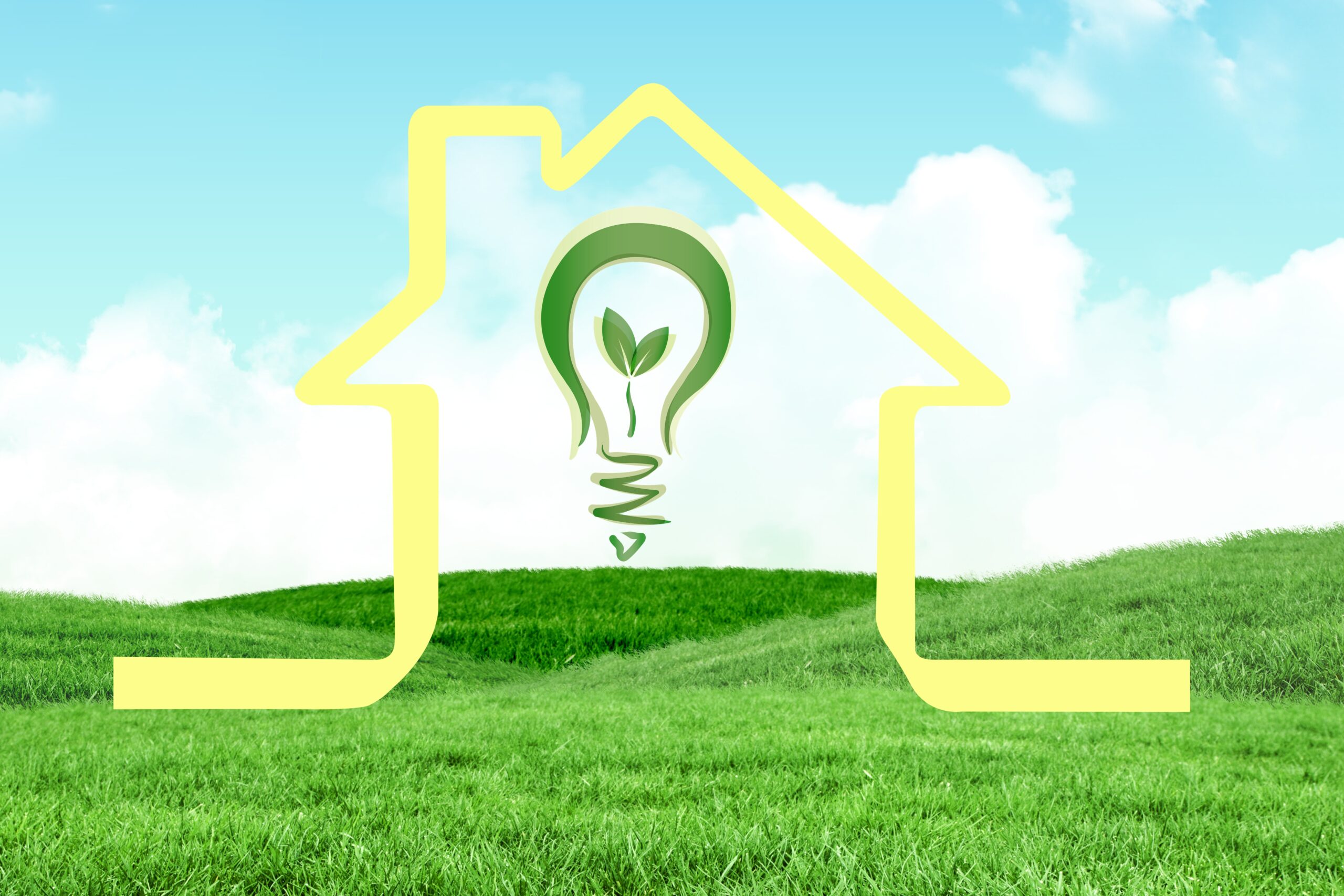 Composite Of House Graphic With Lightbulb On Green Field Background